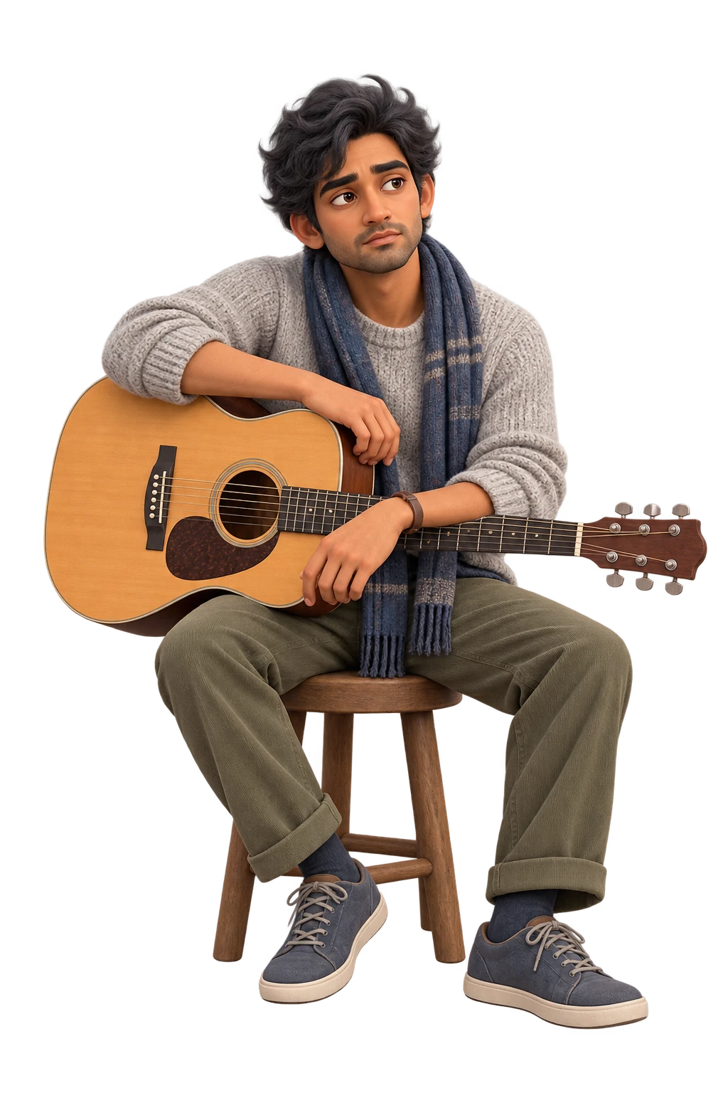 A soft distant gaze and resting hands, with a guitar lying quietly across the lap.