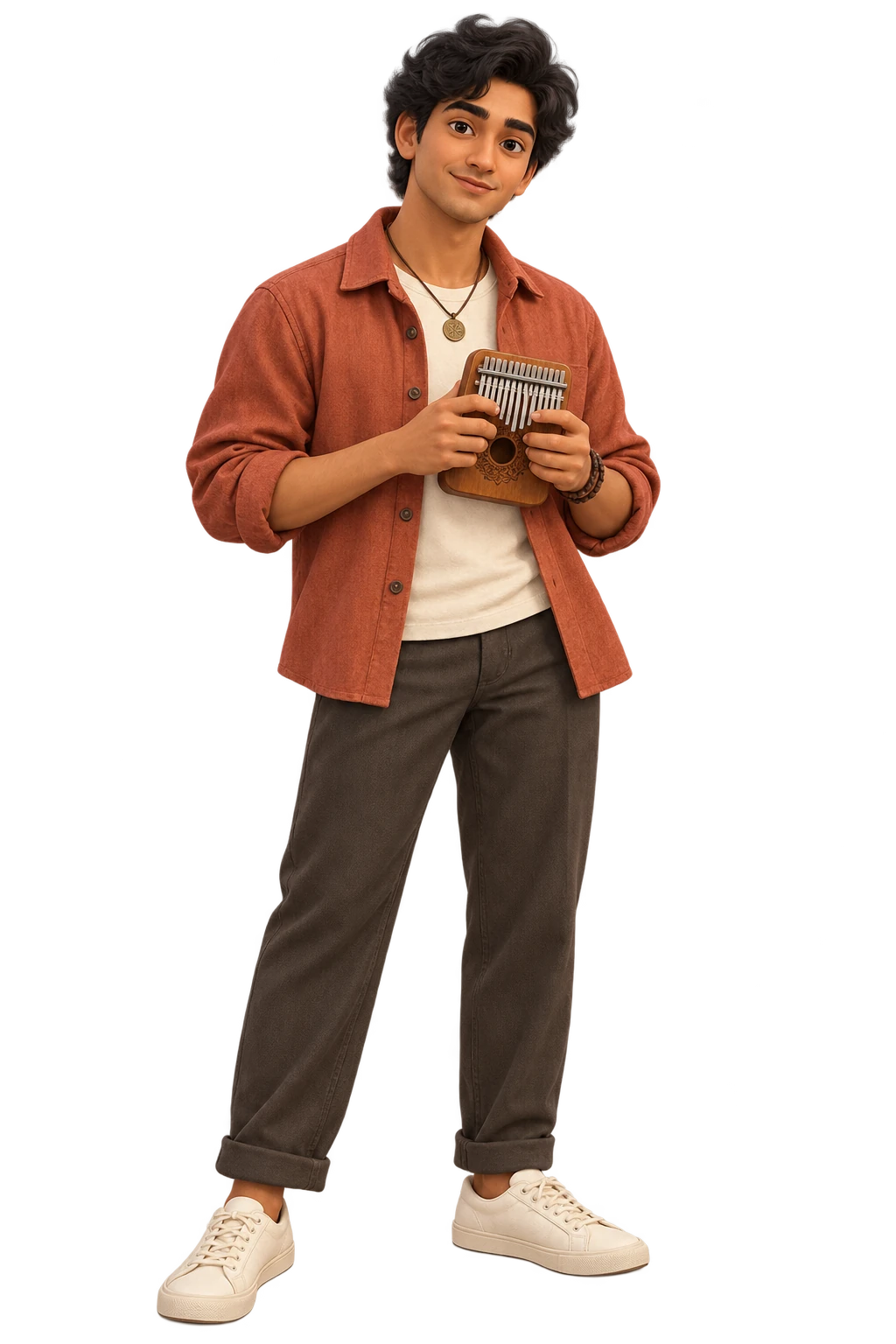 A confident, steady gaze and relaxed standing pose, with a kalimba held in both hands.