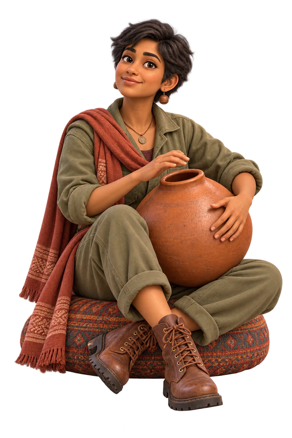 A resolute gaze, cropped hair and a grounded seated pose, with a ghatam held close.