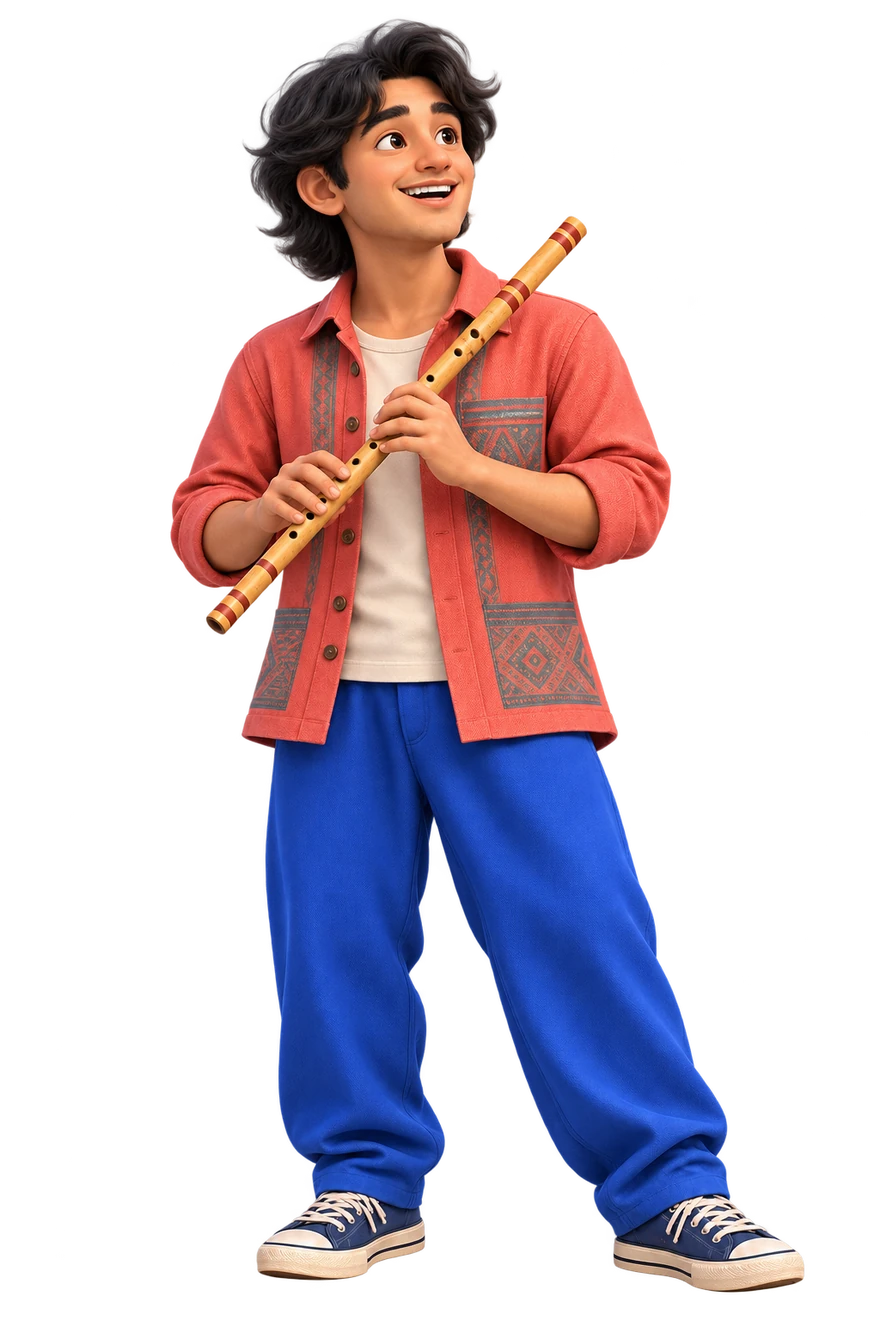 Bright upward gaze and open smile with flute held ready.