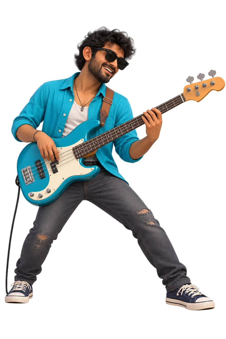 Broad grin, leaning torso and wide bass-playing stance.