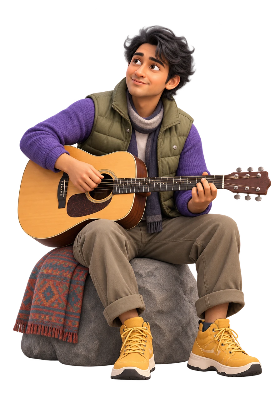 Warmth: a gently smiling seated musician holding a guitar.