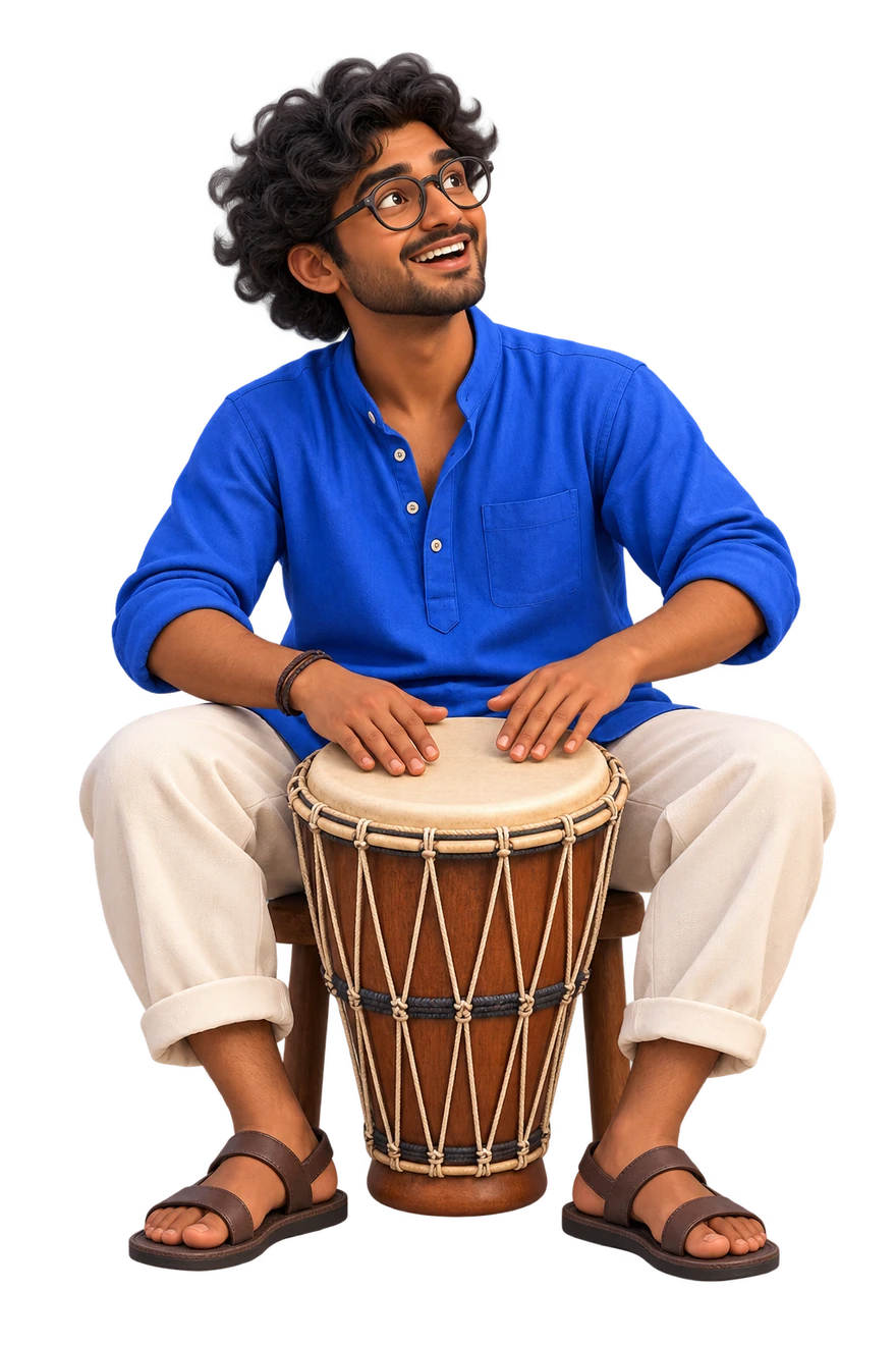 Open grin, relaxed shoulders and easy hand percussion.