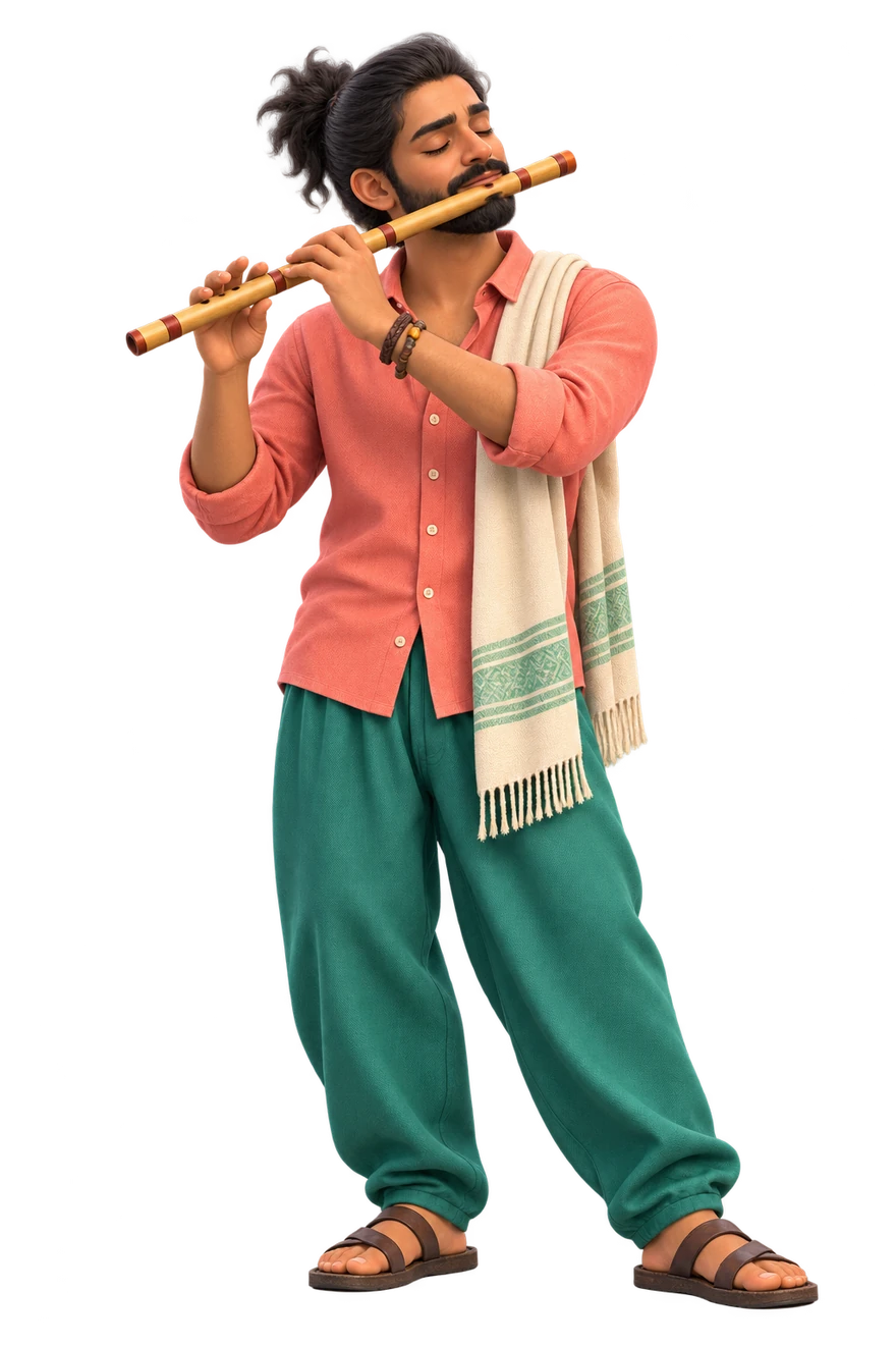 Closed eyes, relaxed brow and composed flute playing.