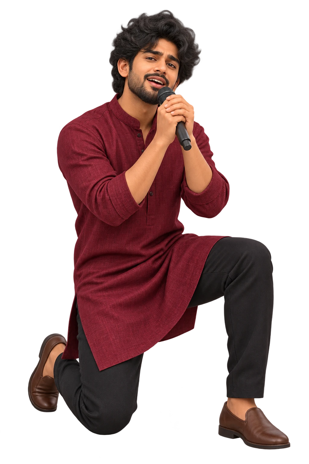A quiet, intense gaze and a kneeling pose in a burgundy kurta, with the microphone held close.