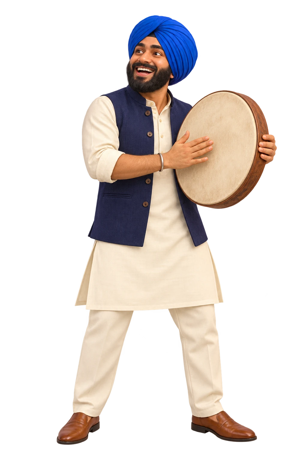 An animated grin and a planted stance in a cream kurta and dark vest, with a turban and frame drum.