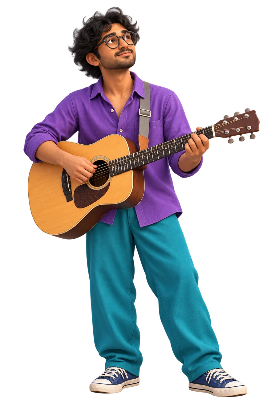 Upward gaze and thoughtful, softly smiling guitar pose.