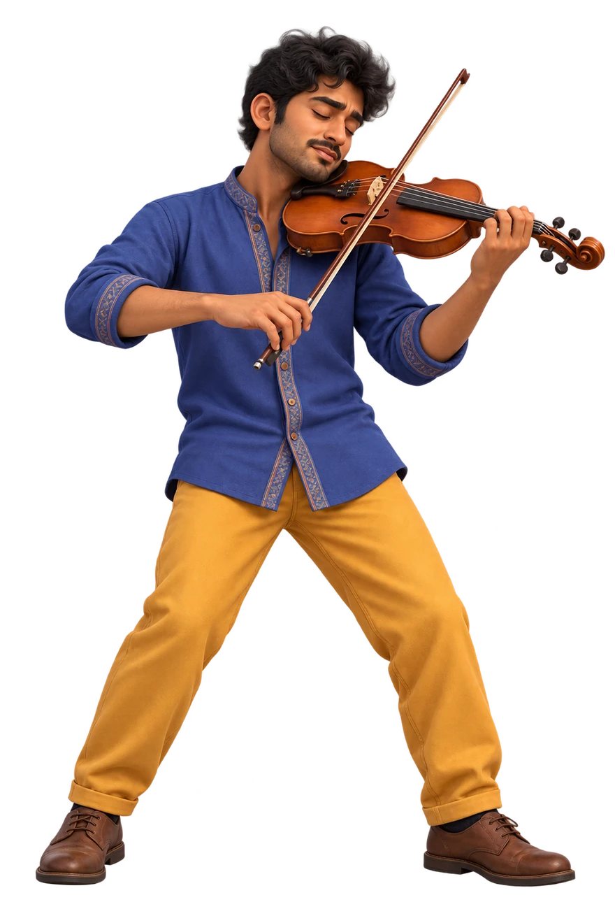 Closed eyes and concentrated violin-playing gesture.