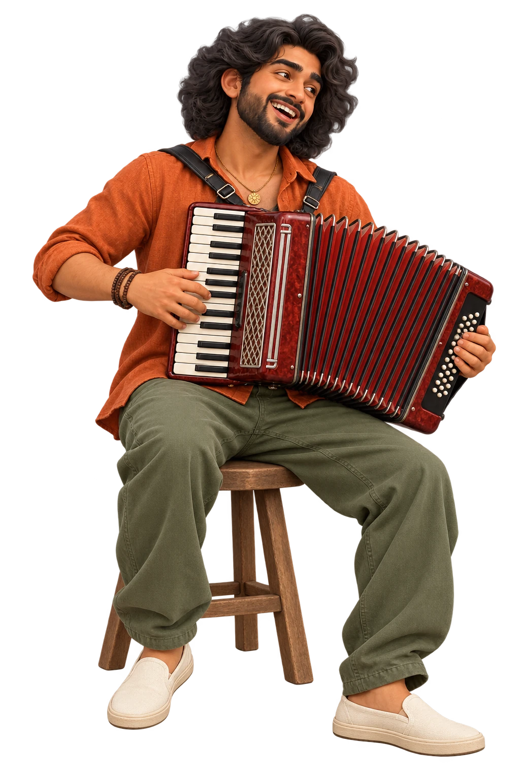 An open laugh and a relaxed seated pose in a rust shirt and olive trousers, playing an accordion.
