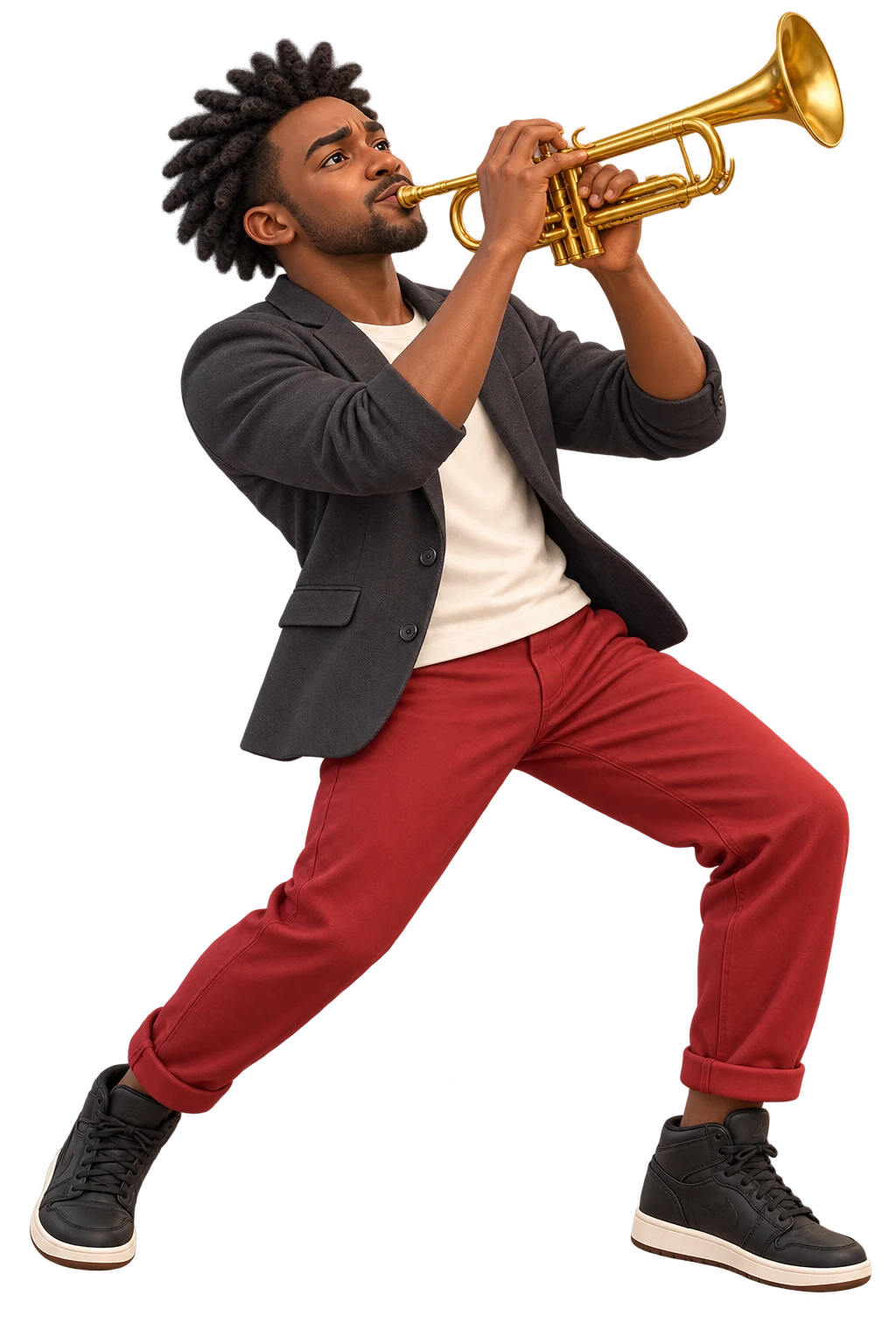 Determined eyes and a forward lunge in a charcoal jacket and red trousers, playing a trumpet.