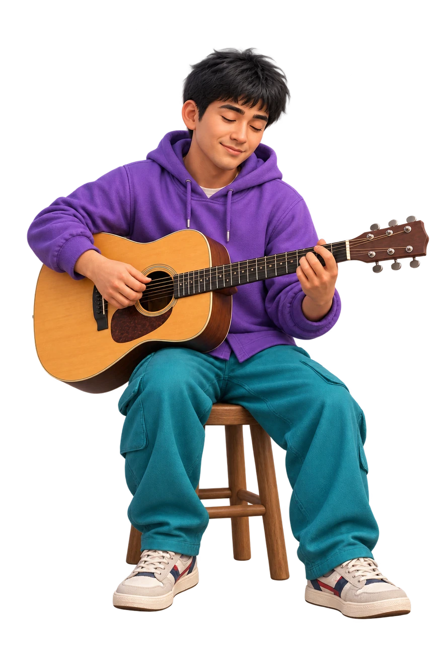 Small settled smile, relaxed eyes and seated guitar playing.