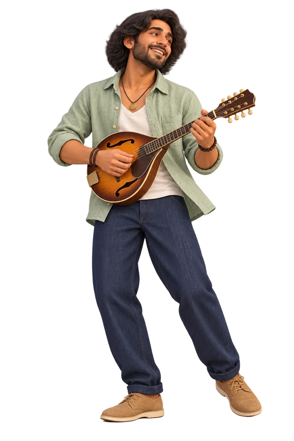 Open eyes, a small natural smile and an angled, planted stance in pale sage and indigo, playing a mandolin.