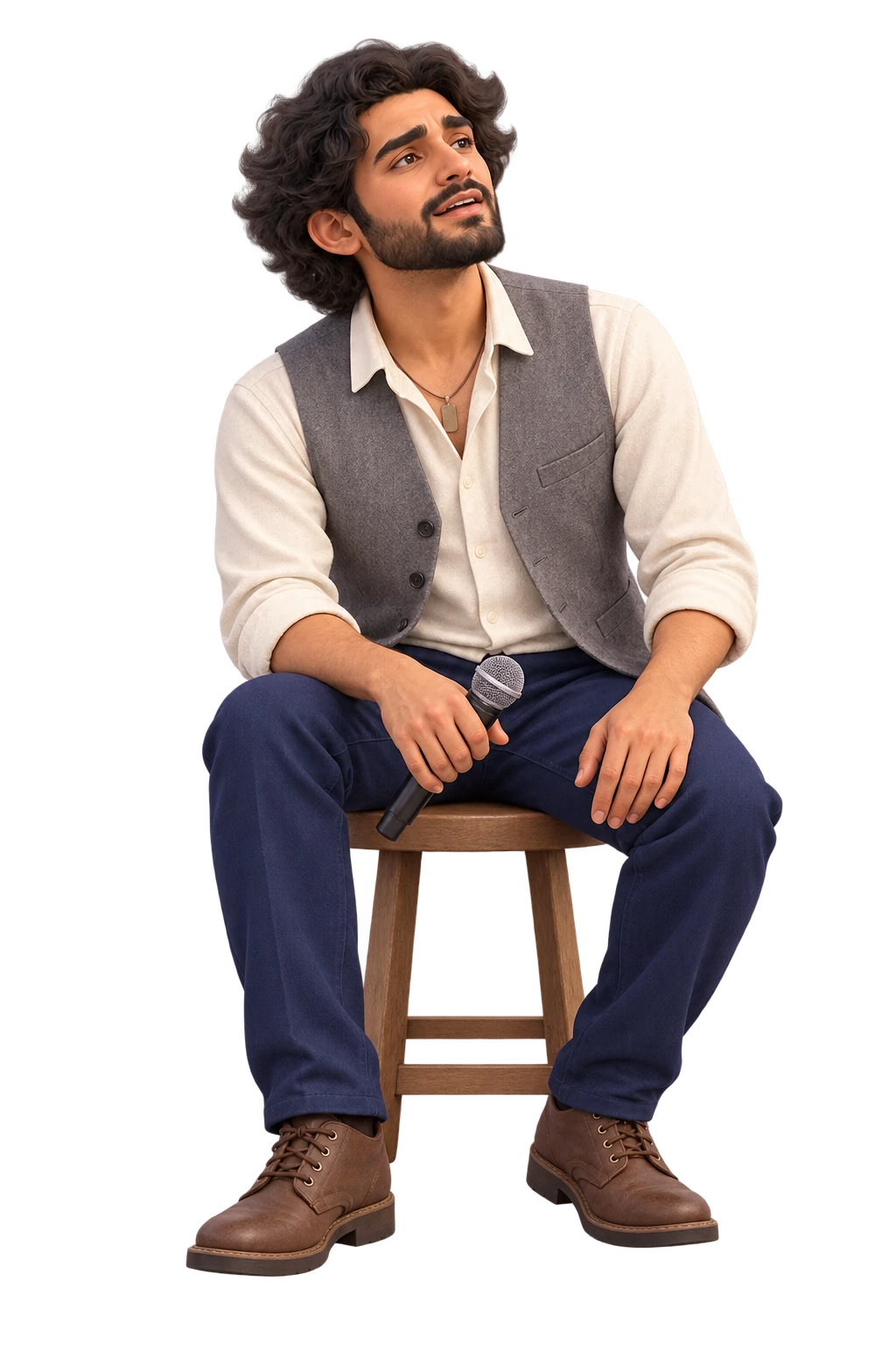 A distant, yearning gaze and a seated pose in a grey waistcoat and ivory shirt, with the microphone lowered beside the knee.