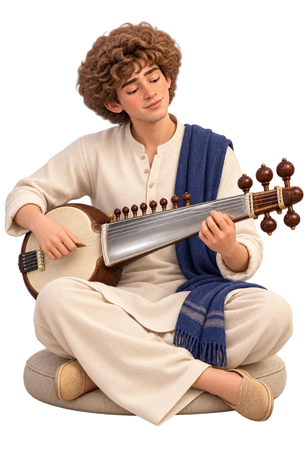 Open, calm eyes and a cross-legged seated pose in a cream kurta and indigo scarf, with a sarod across the lap.