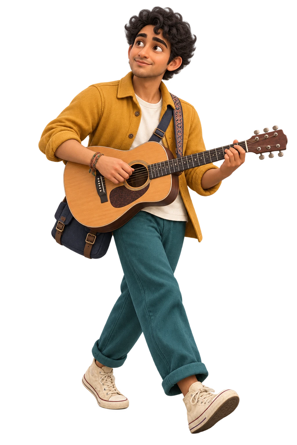 A curious glance toward the distance, travel guitar and a gently lifted step.