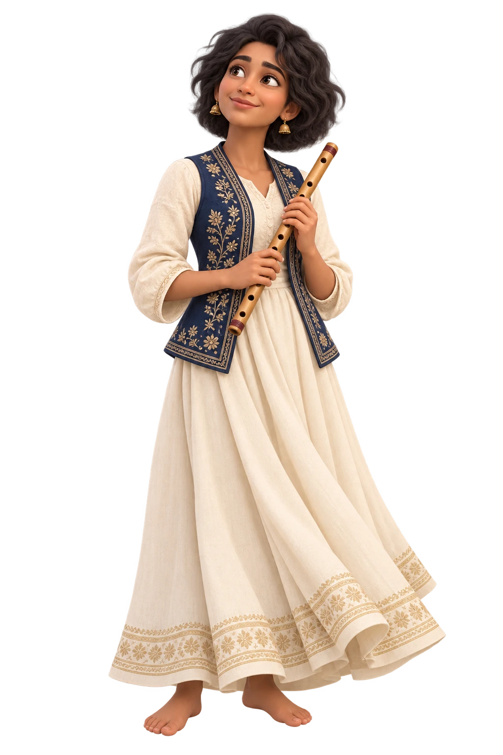 A calm upward gaze and a small hopeful smile, with a flute held near the heart.