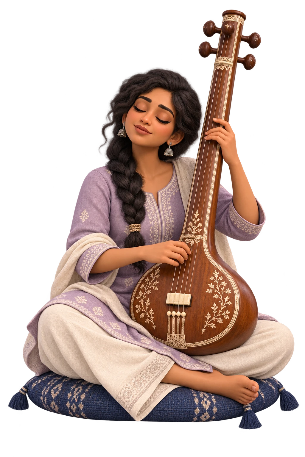 Closed eyes and a composed cross-legged pose, quietly plucking a tanpura.