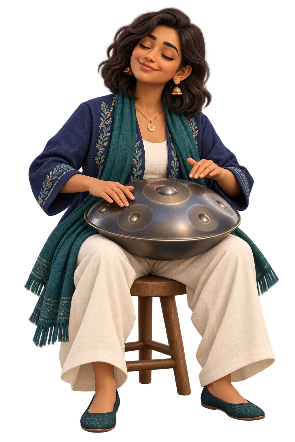 An expansive, calm expression and an easy seated pose, with a handpan resting across the lap.