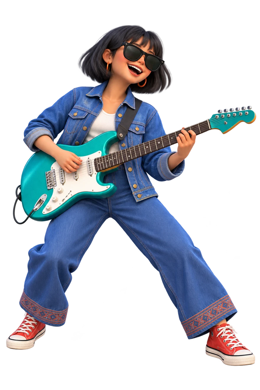 Open smile, wide stance and exuberant guitar playing.