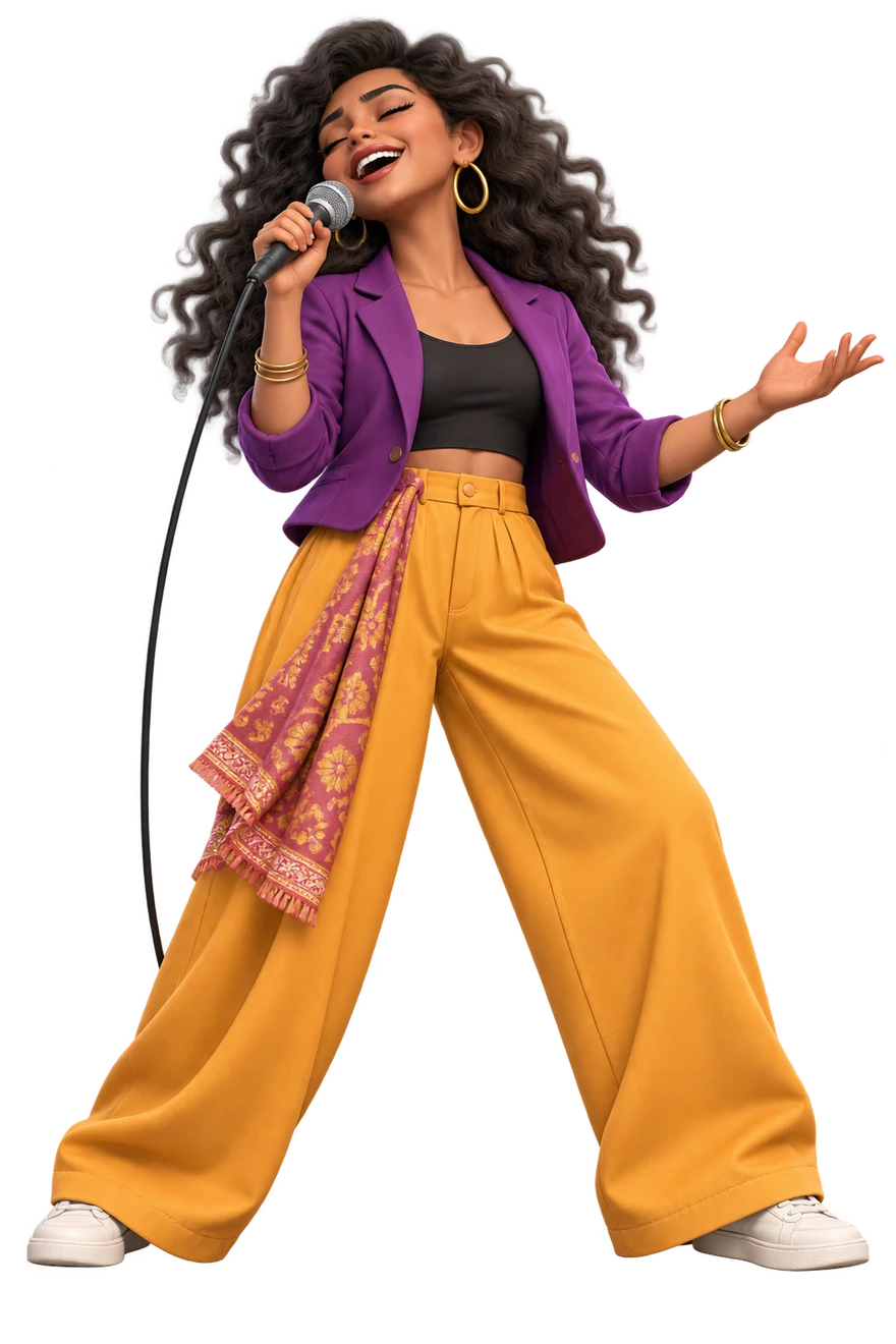 Open singing gesture, lifted chin and expressive voice.