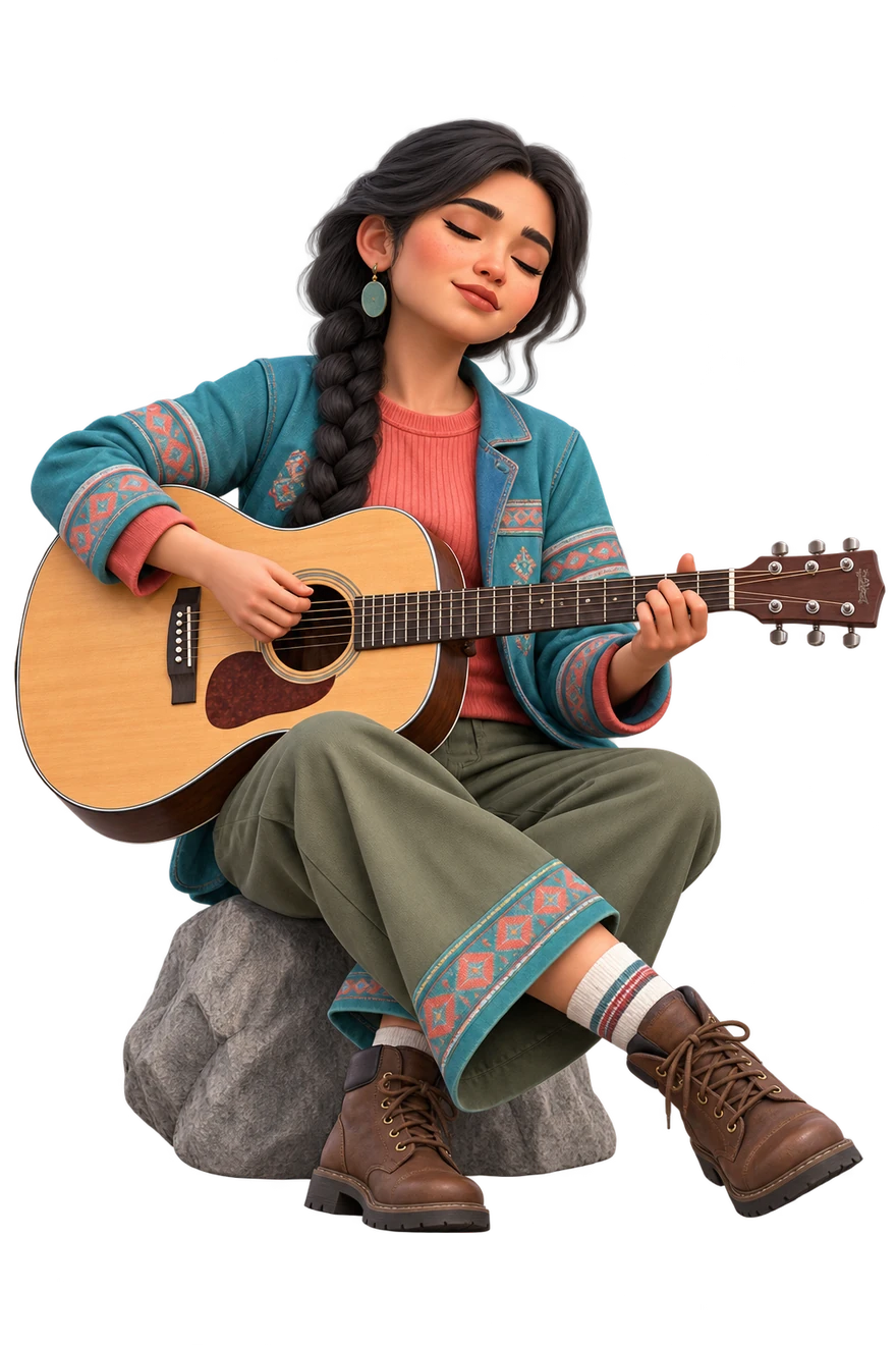 Closed eyes and a relaxed seated acoustic pose.