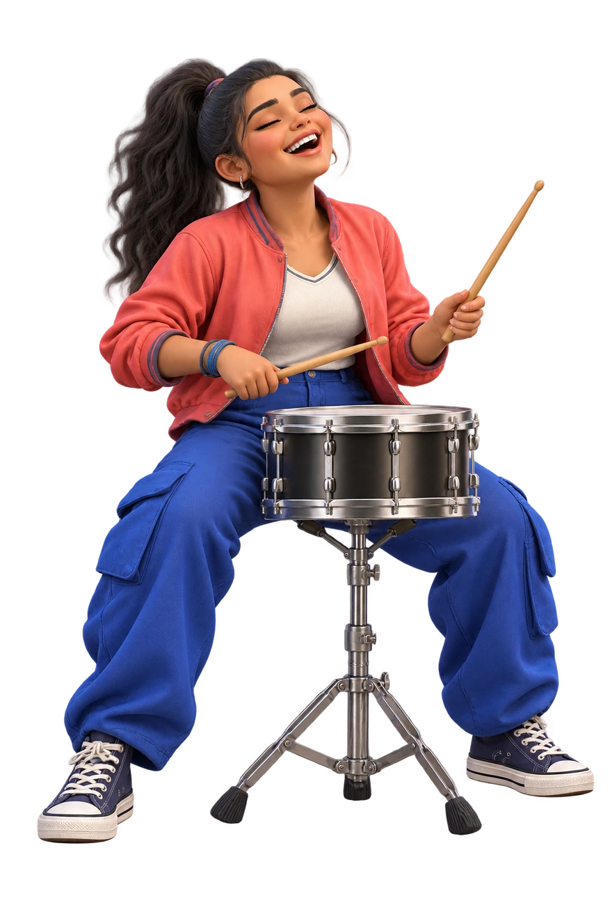 Broad smile and buoyant drumming posture.