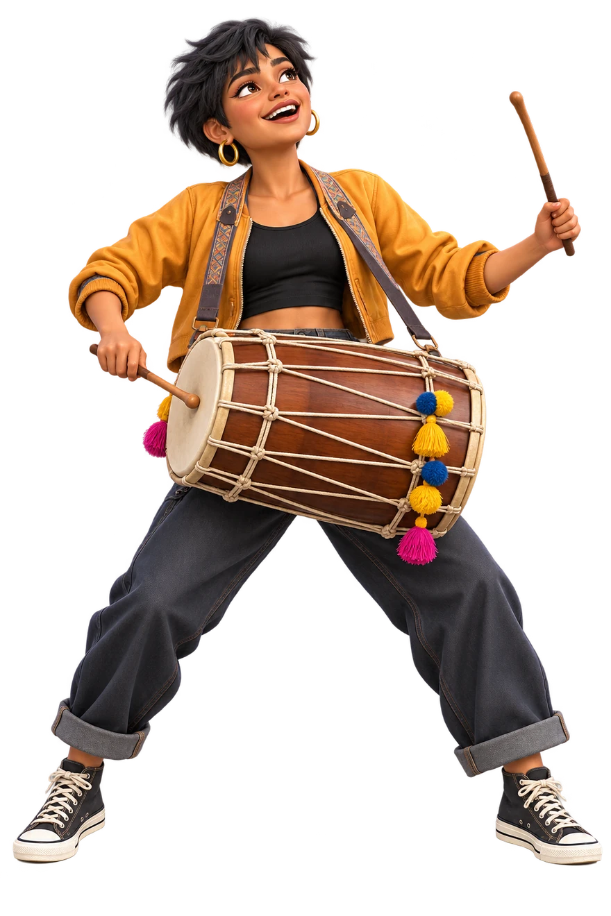Bright upward gaze, smile and expansive drumming stance.