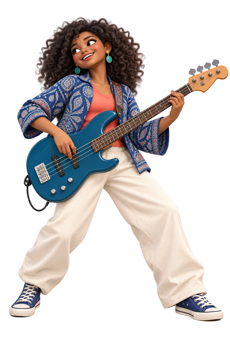 Open smile and assured, grounded bass-playing stance.