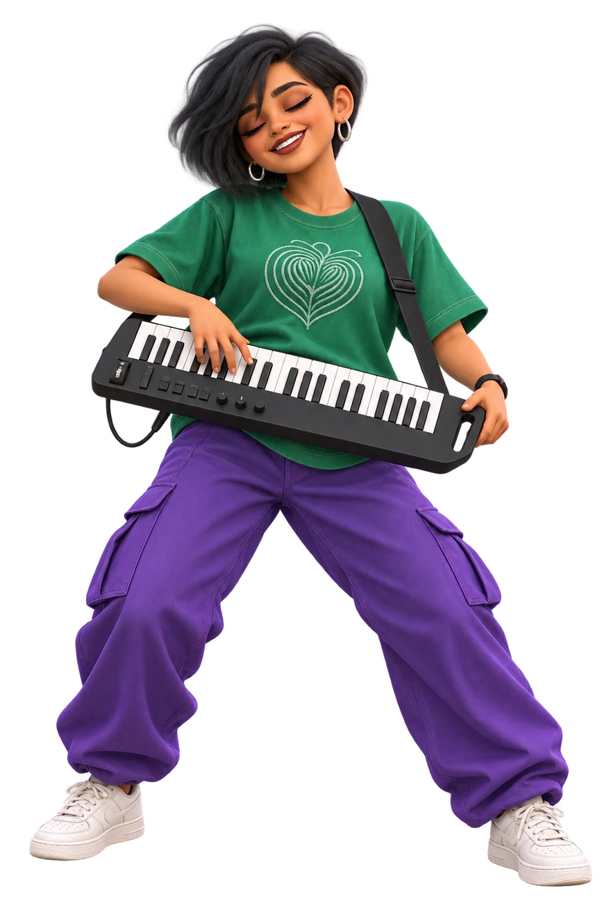 Closed eyes, easy smile and relaxed keyboard playing.