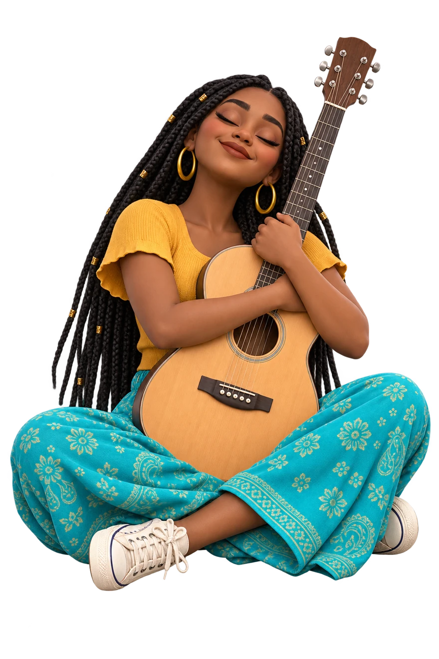 Guitar hugged to the chest, eyes closed and affectionate smile.