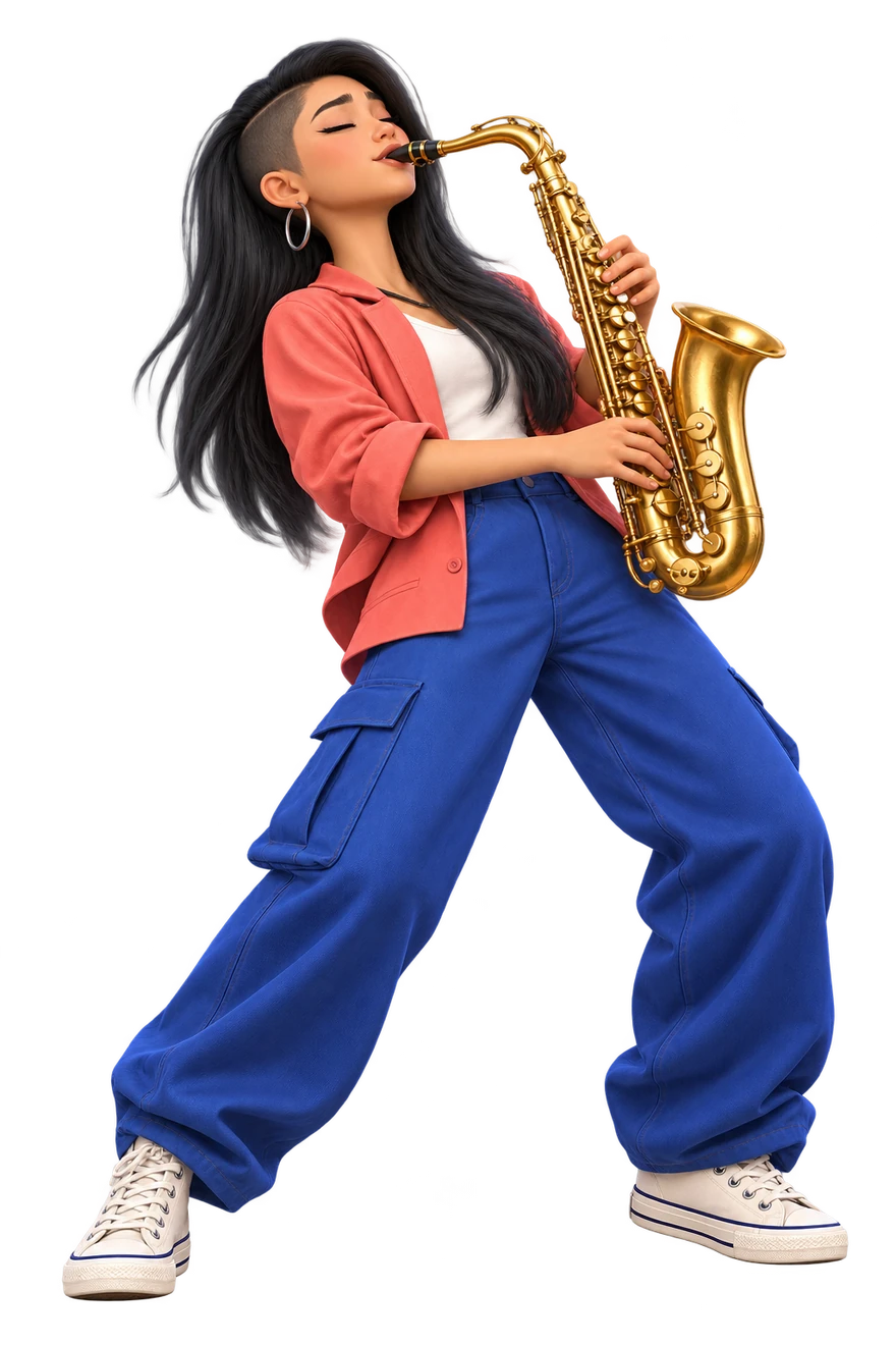 Eyes closed, head lifted and body leaning into the saxophone.