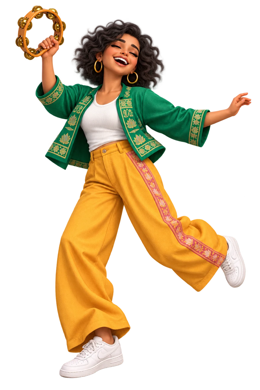 Raised tambourine, joyful smile, open arm and dancing step.