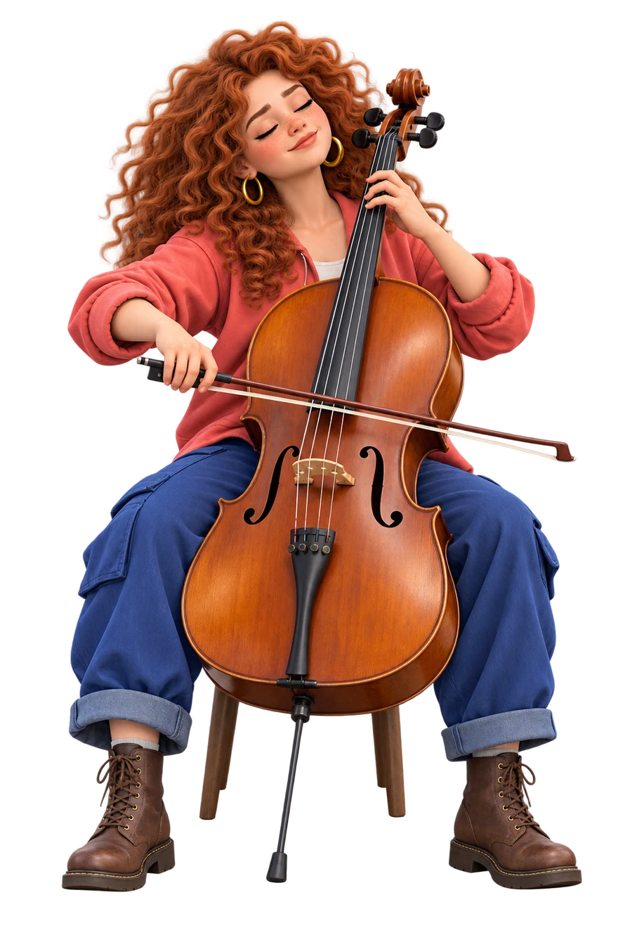 Soft expression, closed eyes and quiet seated cello pose.