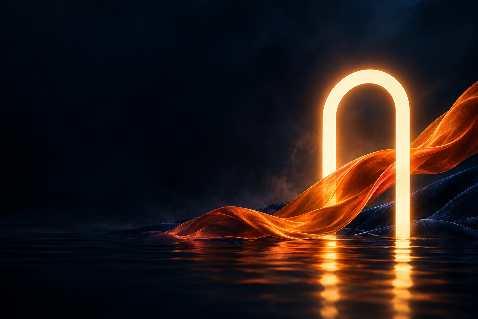 A single glowing arch against a dark blue sky, with a soft sweep of orange fabric.