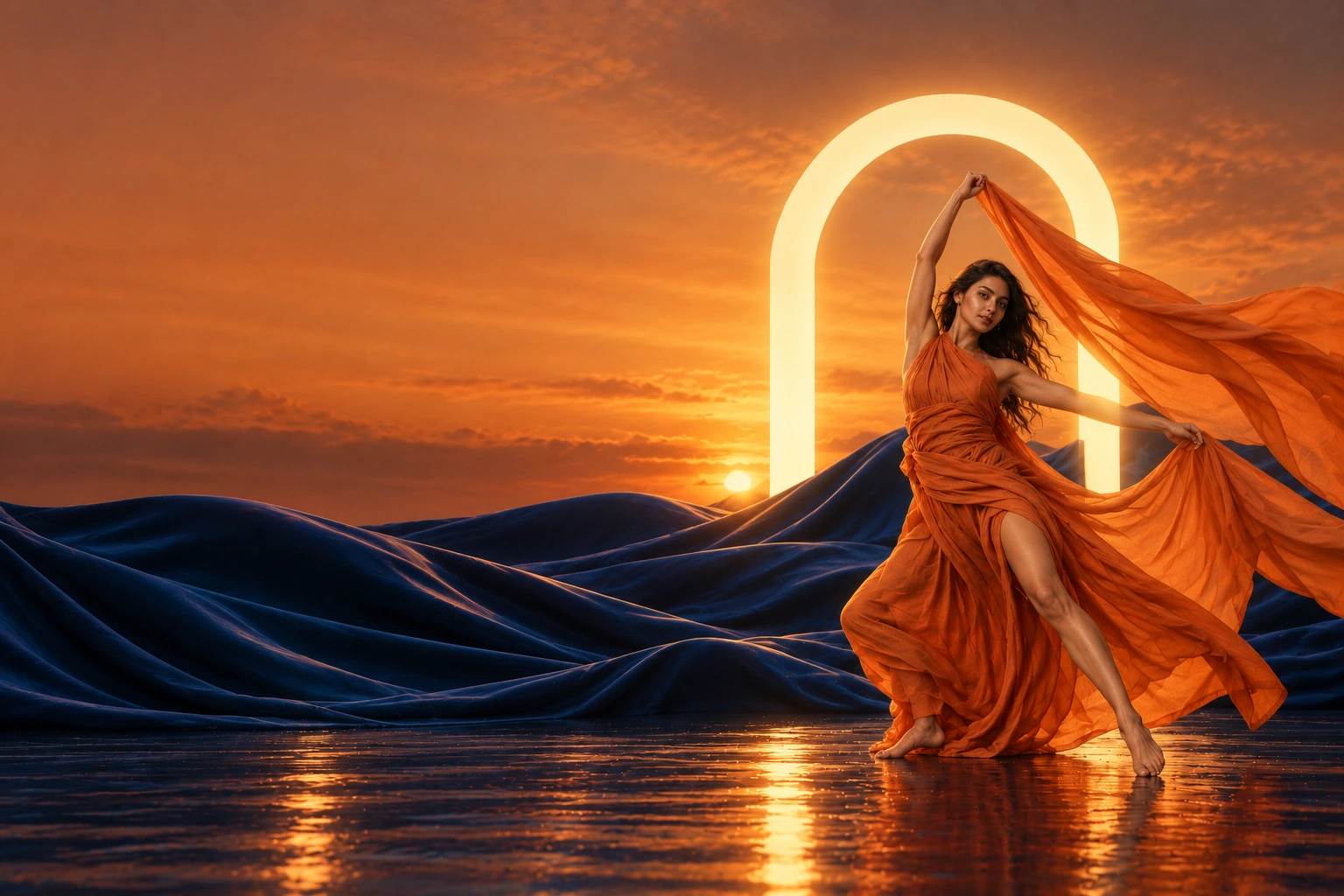 A woman in flowing orange fabric, framed by warm light and midnight-blue silk.