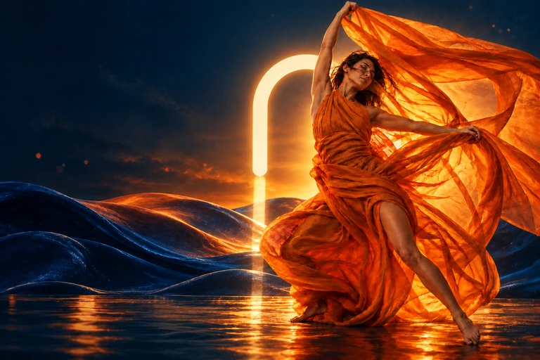 Orange silk and a glowing doorway above dark blue water