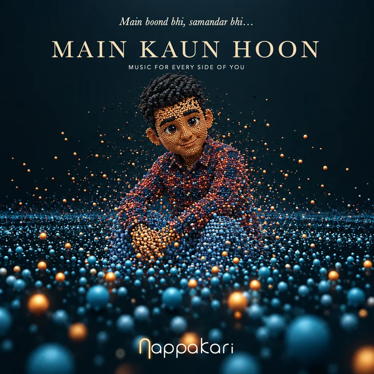 Main Kaun Hoon cover: our seated character made of coloured balls, dissolving into a navy and amber droplet ocean
