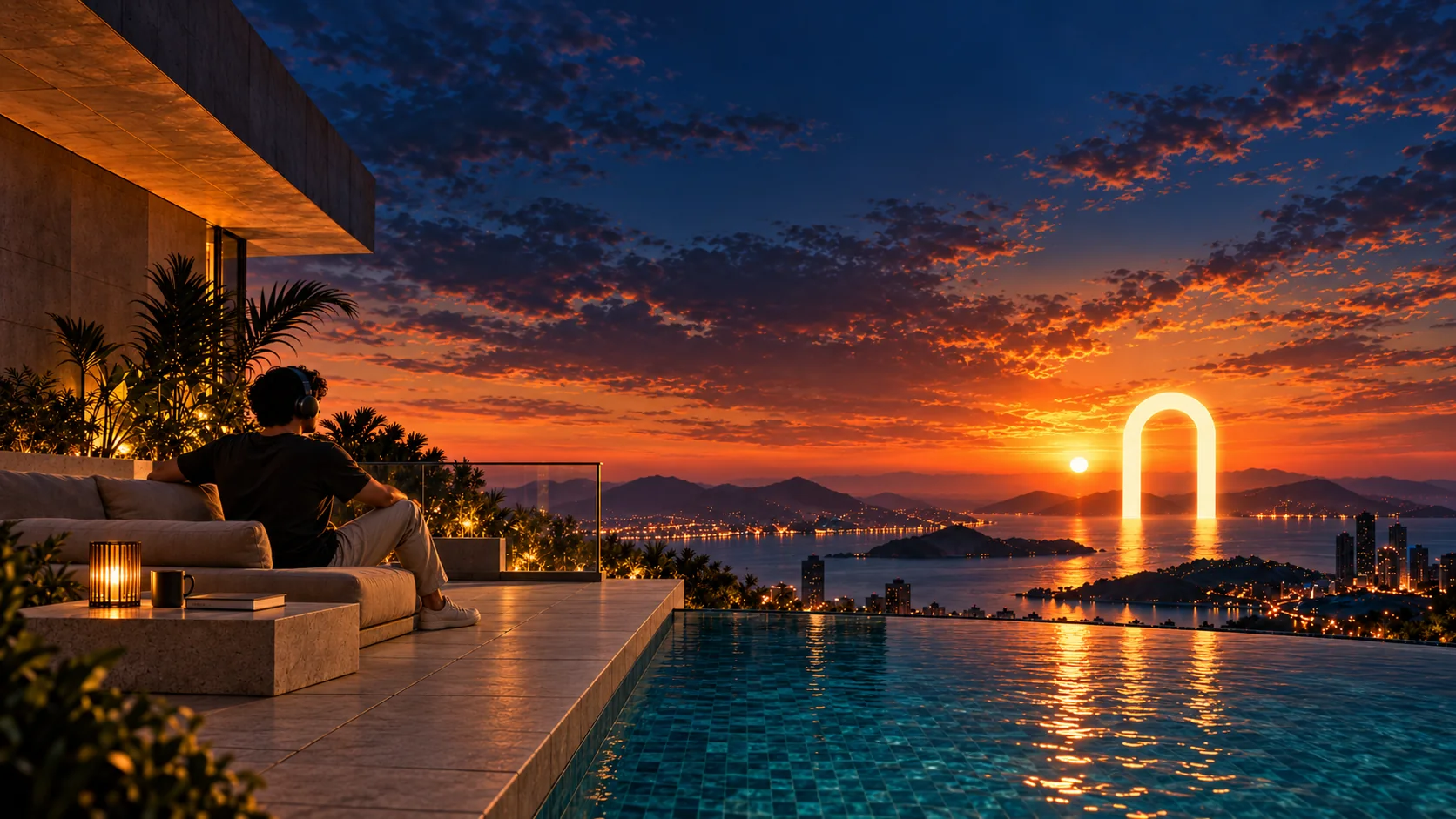 A man listening to music on a stone terrace beside an infinity pool, overlooking a sunset bay and a glowing arch in the ocean.